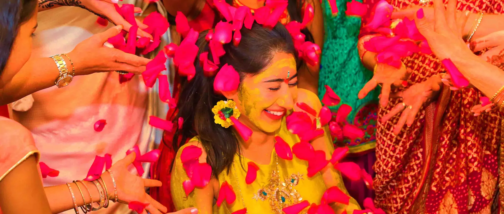 Haldi ceremony with turmeric and marigold flowers