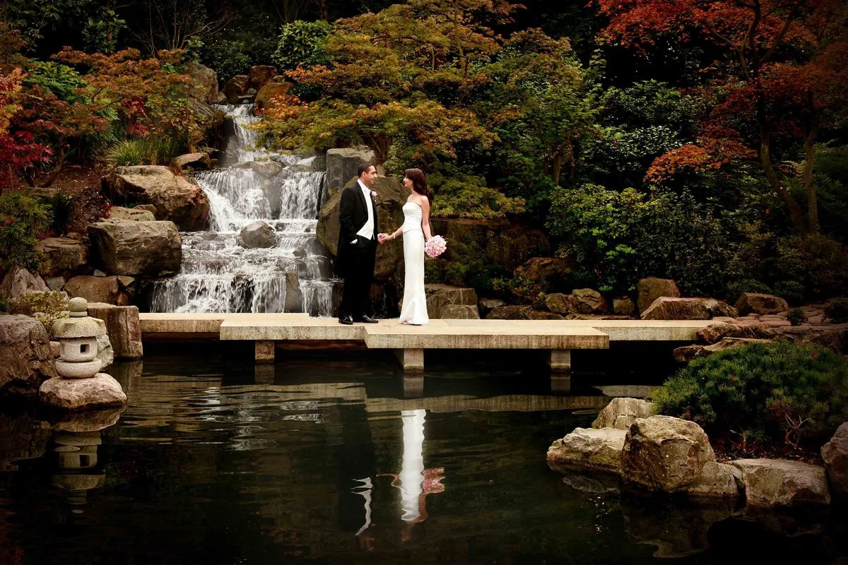 Couple photographed at golden hour on their wedding day